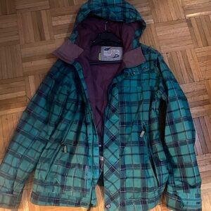 Plaid ski winter with zippers & Hooded Jacket in Teal and Purple.